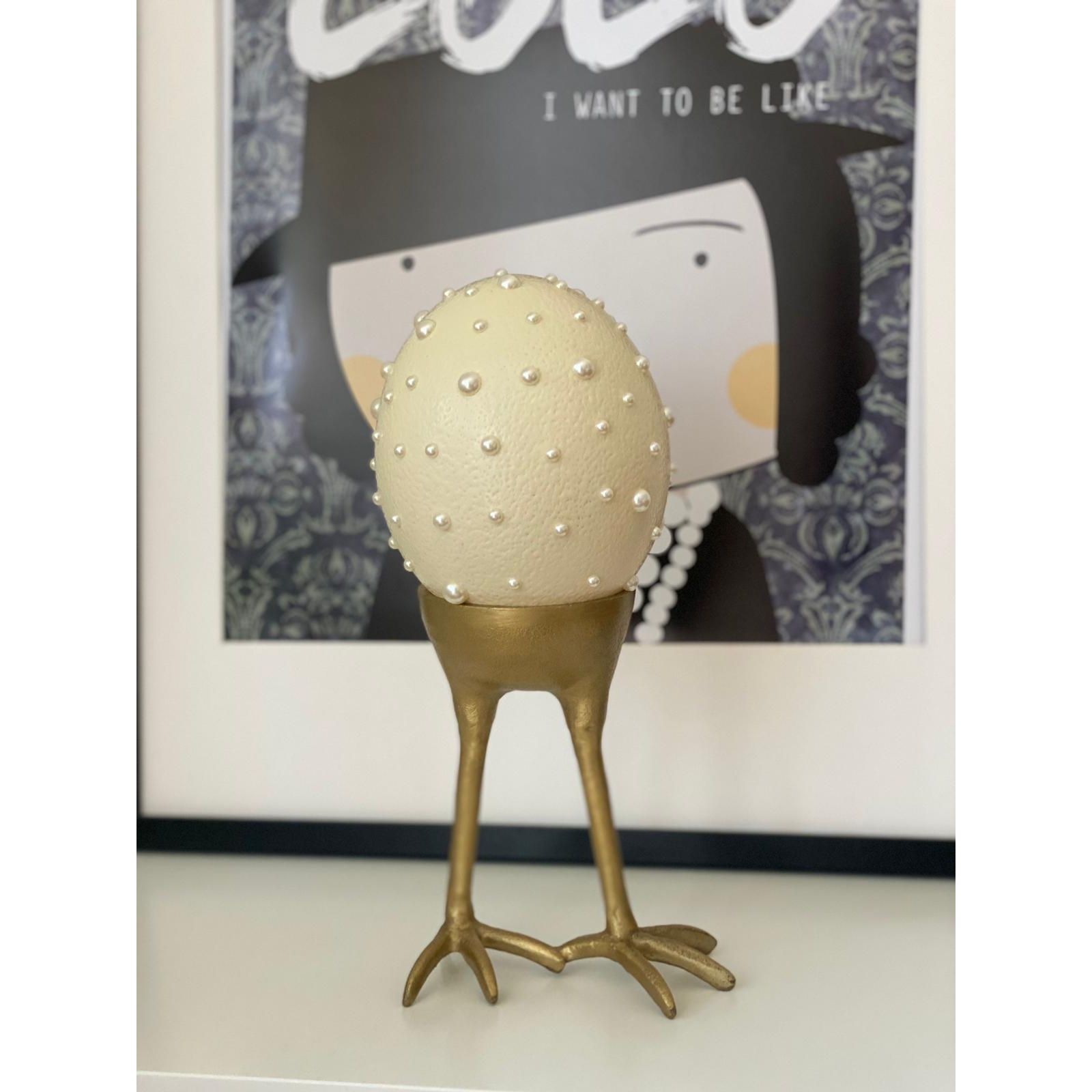 Ostrich egg "Beads thrown on eggs" including bird foot stand