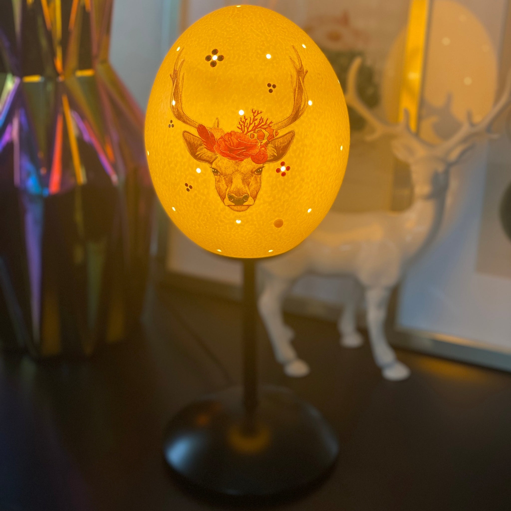 “Deer” table lamp, artfully decorated with a real ostrich egg