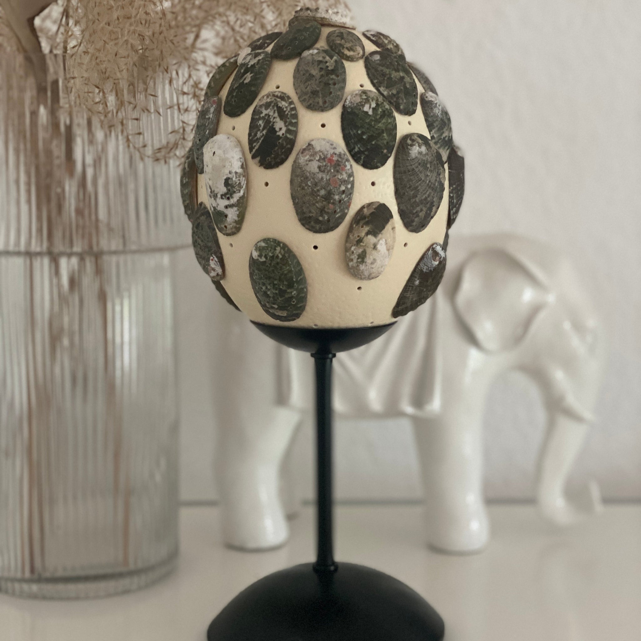 "Shell and the Egg" table lamp, real ostrich egg decorated with real shells