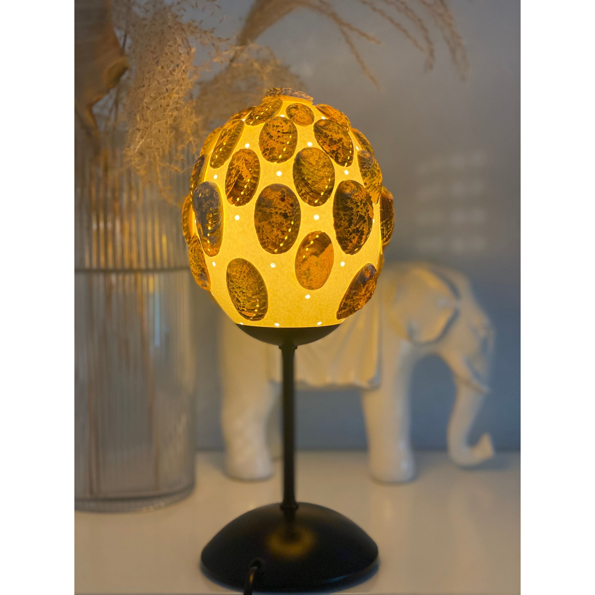 "Shell and the Egg" table lamp, real ostrich egg decorated with real shells