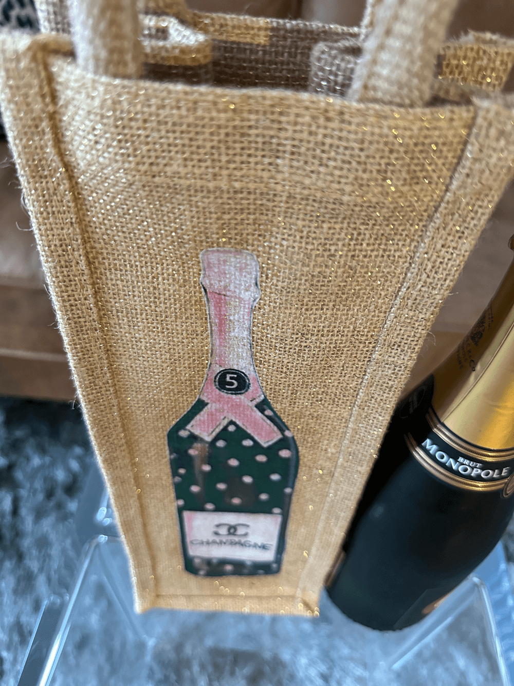 Champagner Geschenktasche aus Jute "Chan.pagner", Shimmer Jute Bottle Bag