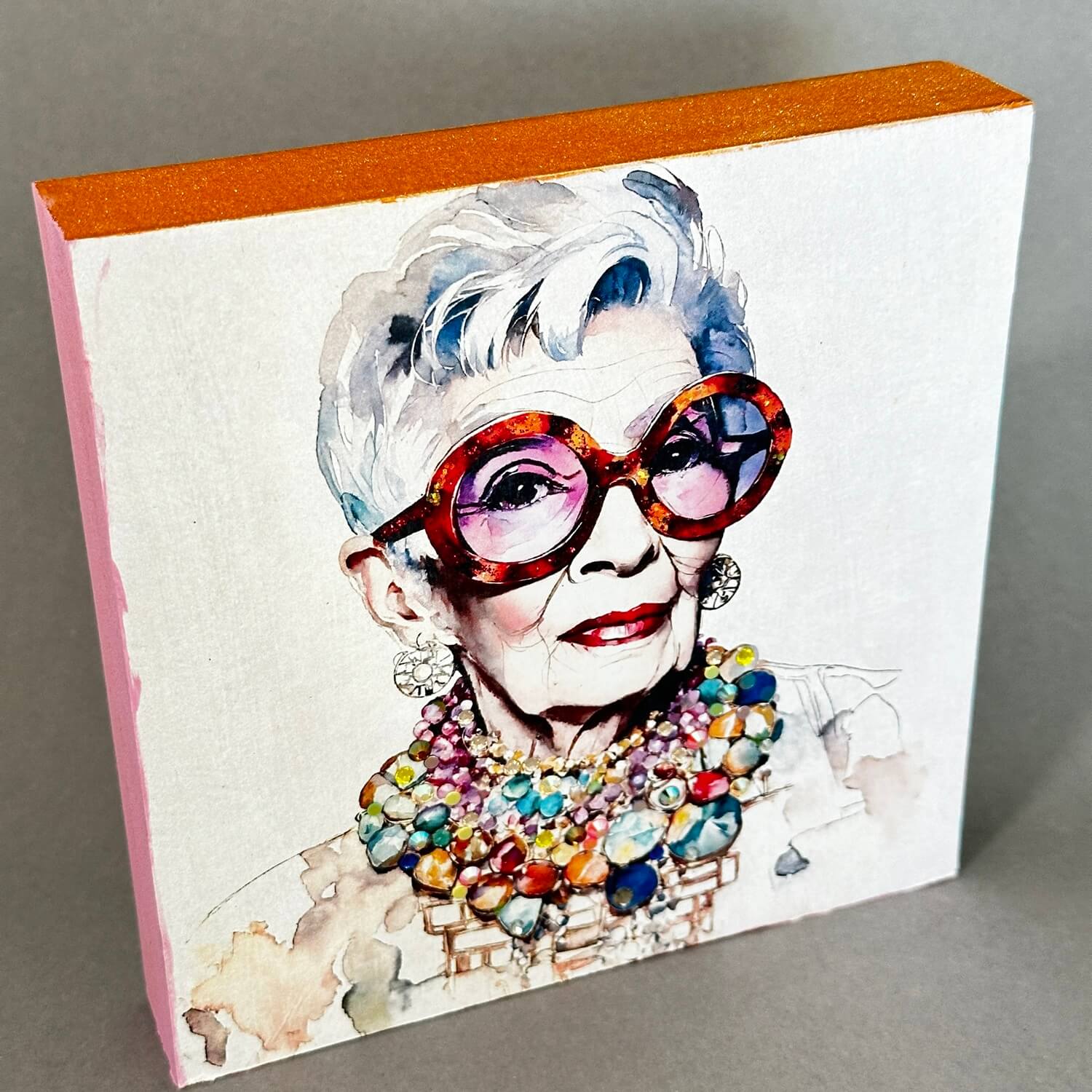 Holzbild ei-nzigartig Iris Apfel