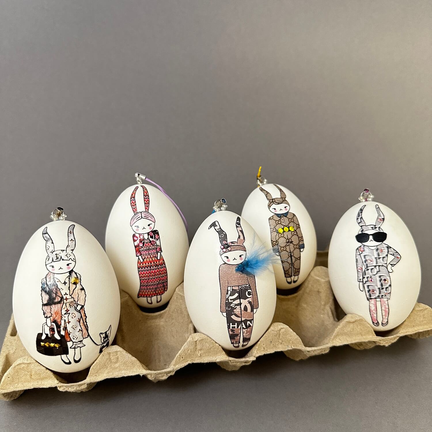 Fashion eggs, mixed pastels: set of 5 goose eggs with hanging