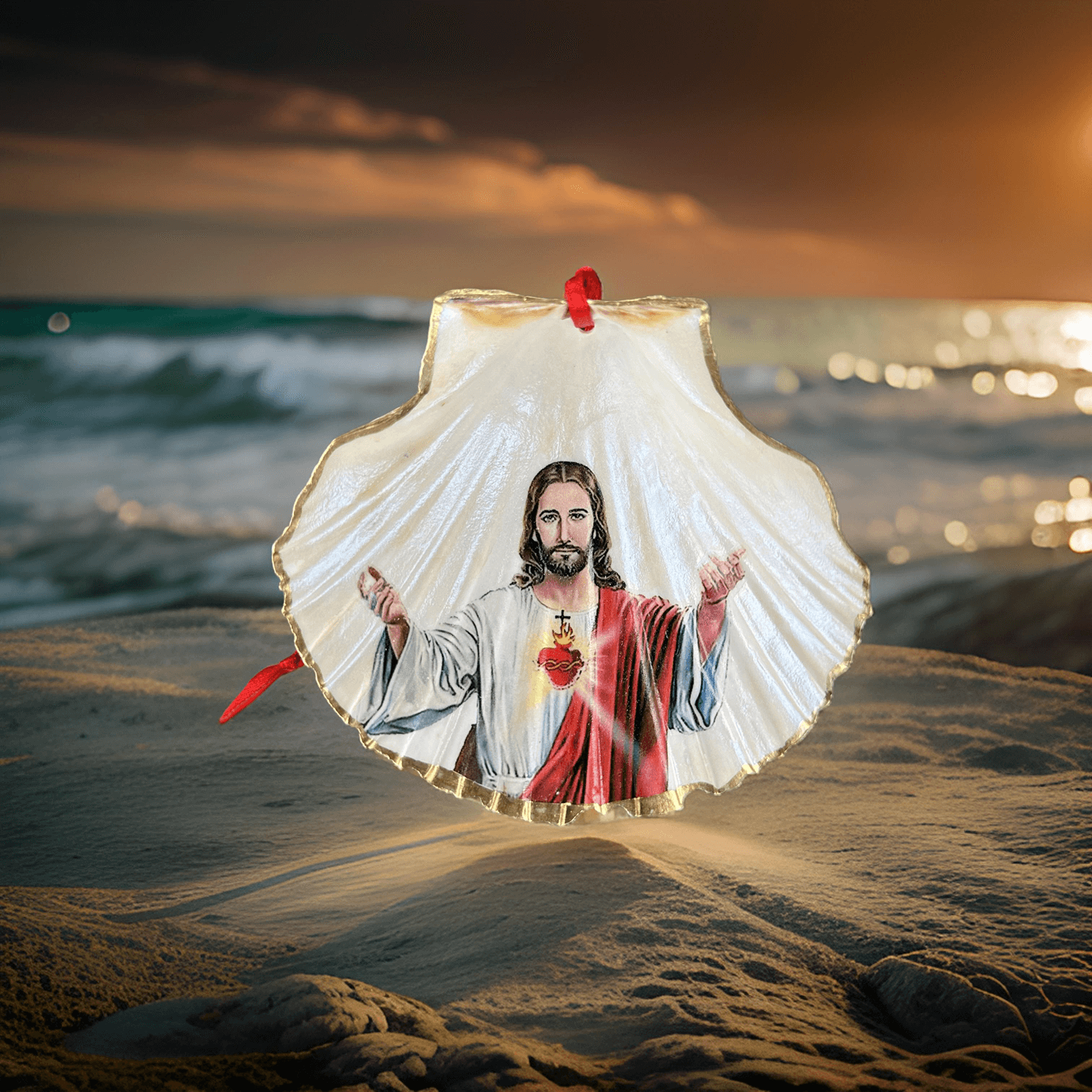 Handveredeltes Deko - Objekt: Dekoanhänger "Holy Shell Herz Jesus", 2 Größen von ei - nzigartig