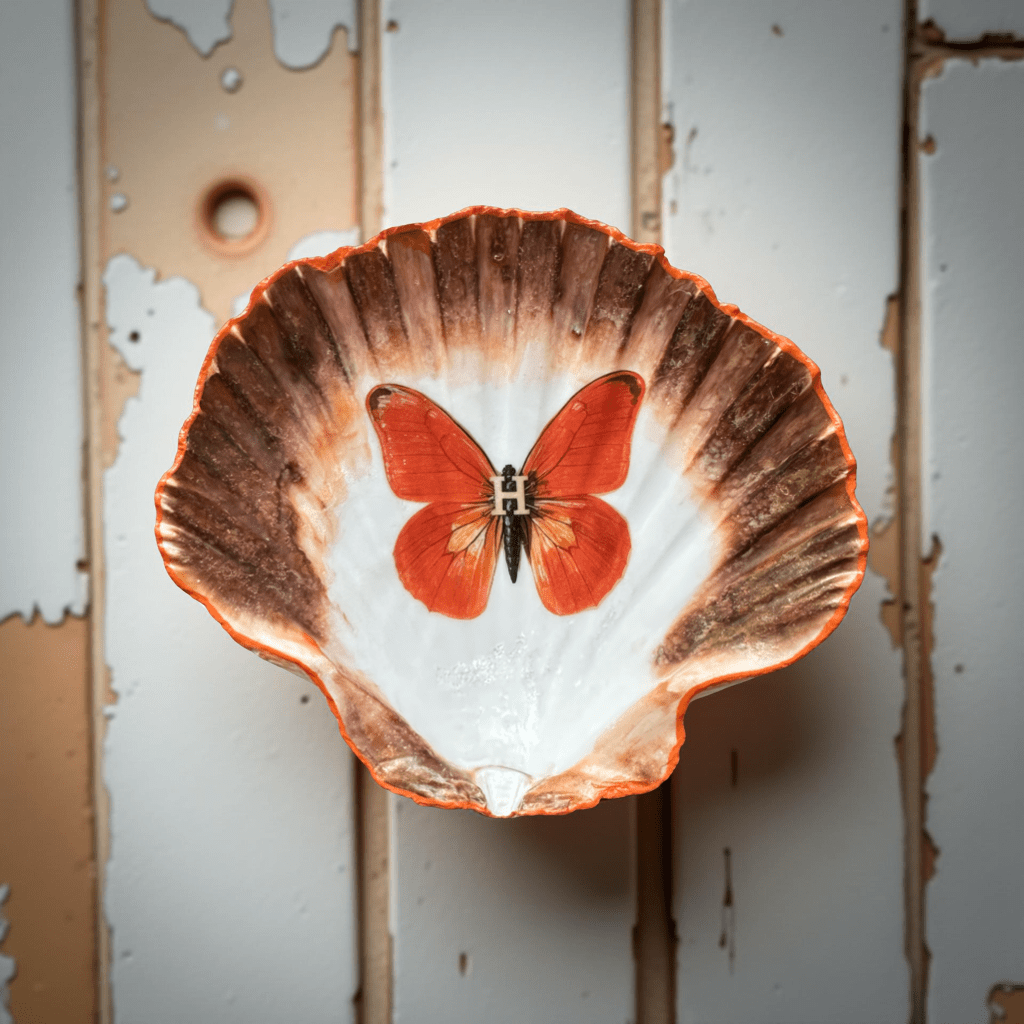 Handveredeltes Deko - Objekt: Sized Set Muschel - Schalen "Orangenfalter" (3 - teilig) 2 Kantenvarianten von ei - nzigartig