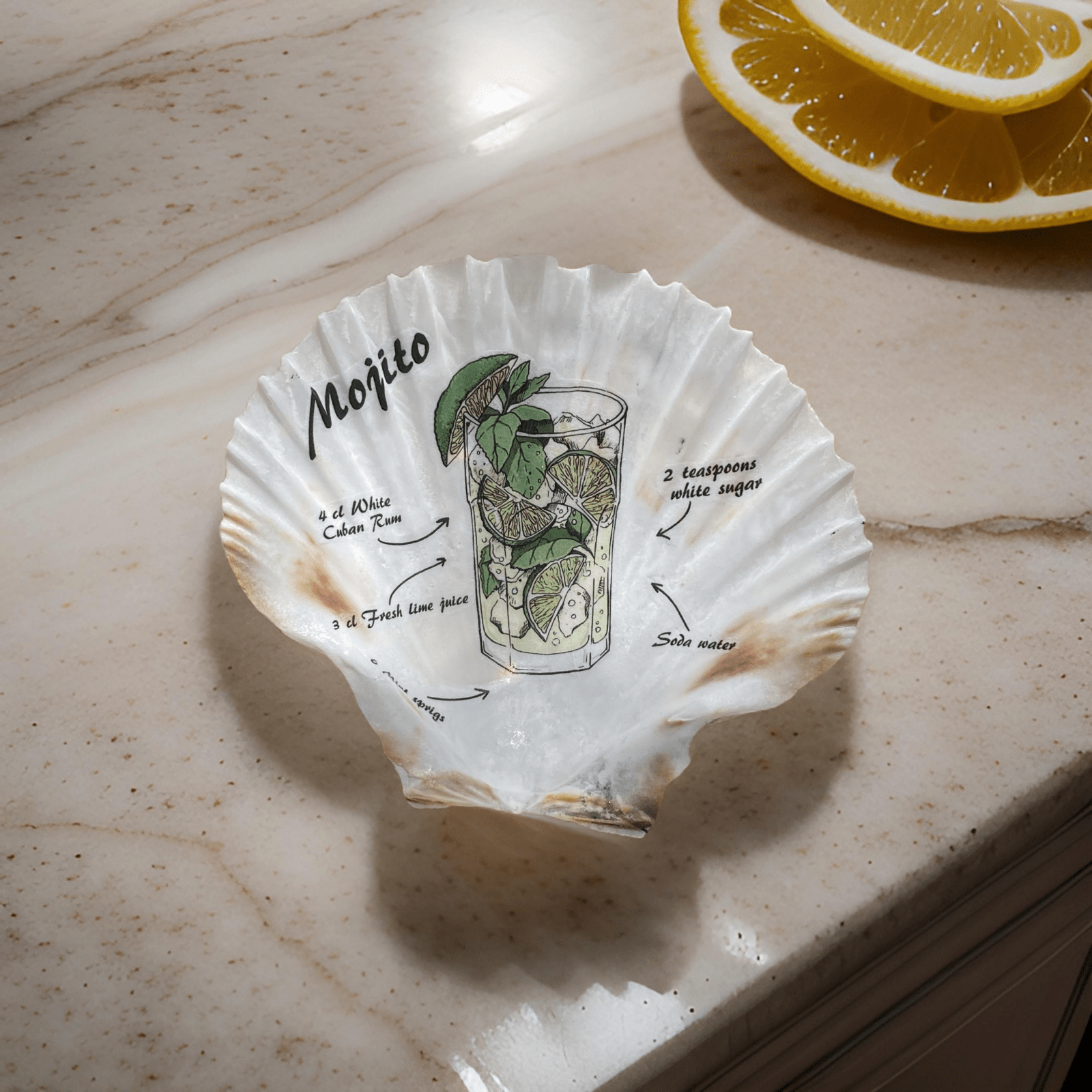Handveredeltes Deko - Objekt: Snack - Schale: "Mojito Time" - mit oder ohne Rezept auf Muschel, 2 Kantenfarben von ei - nzigartig