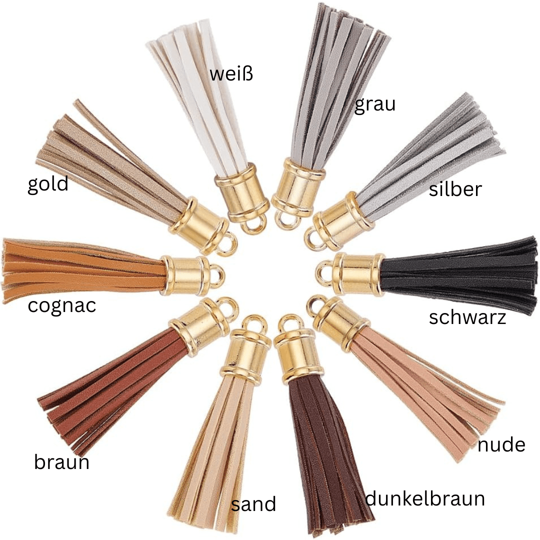 Handveredeltes Deko - Objekt: Taschen & Schlüssel - Anhänger "Stier", goldfarbend, 2 Größen, 10 Quasten - Farben von ei - nzigartig