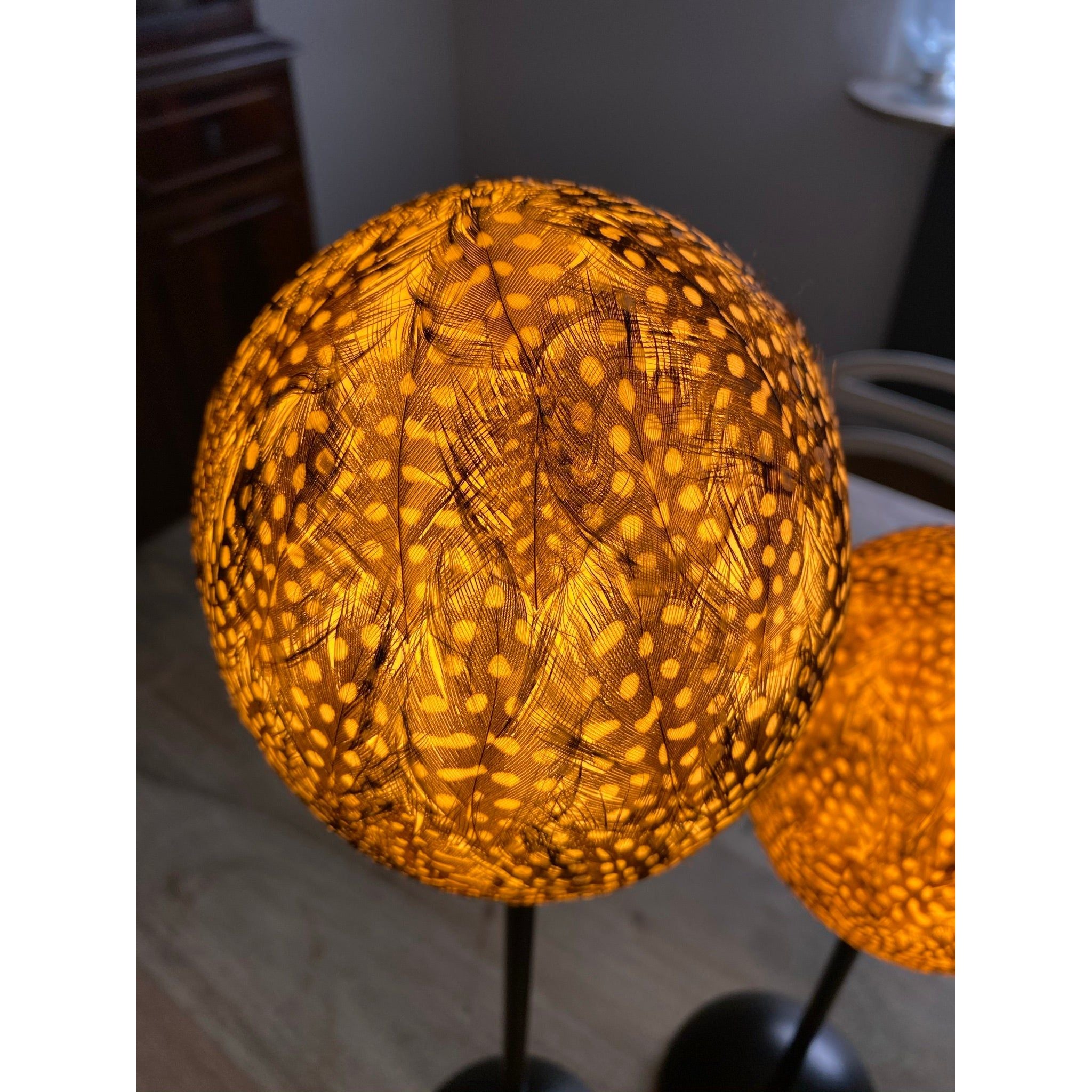 Ostrich egg lamp decorated all around with real guinea fowl feathers