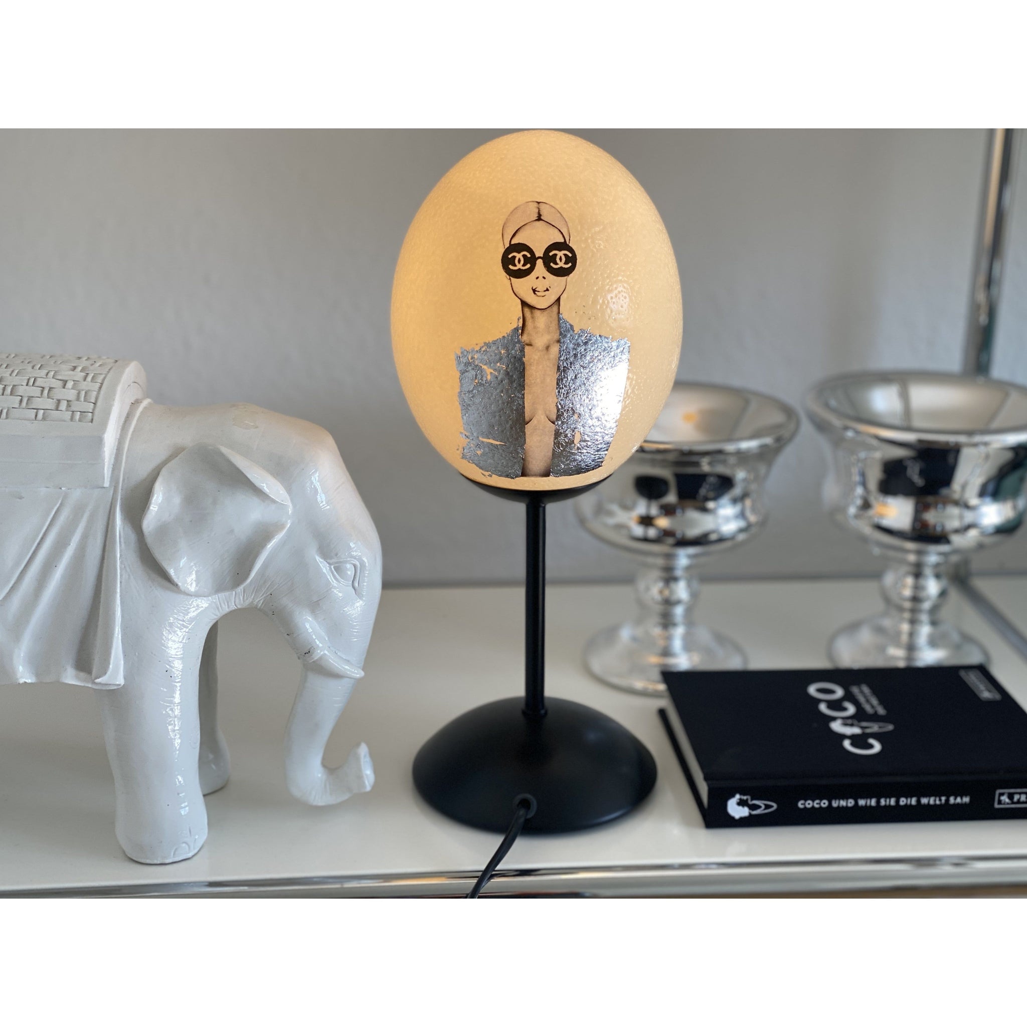 Ostrich egg lamp, Coco loves silver