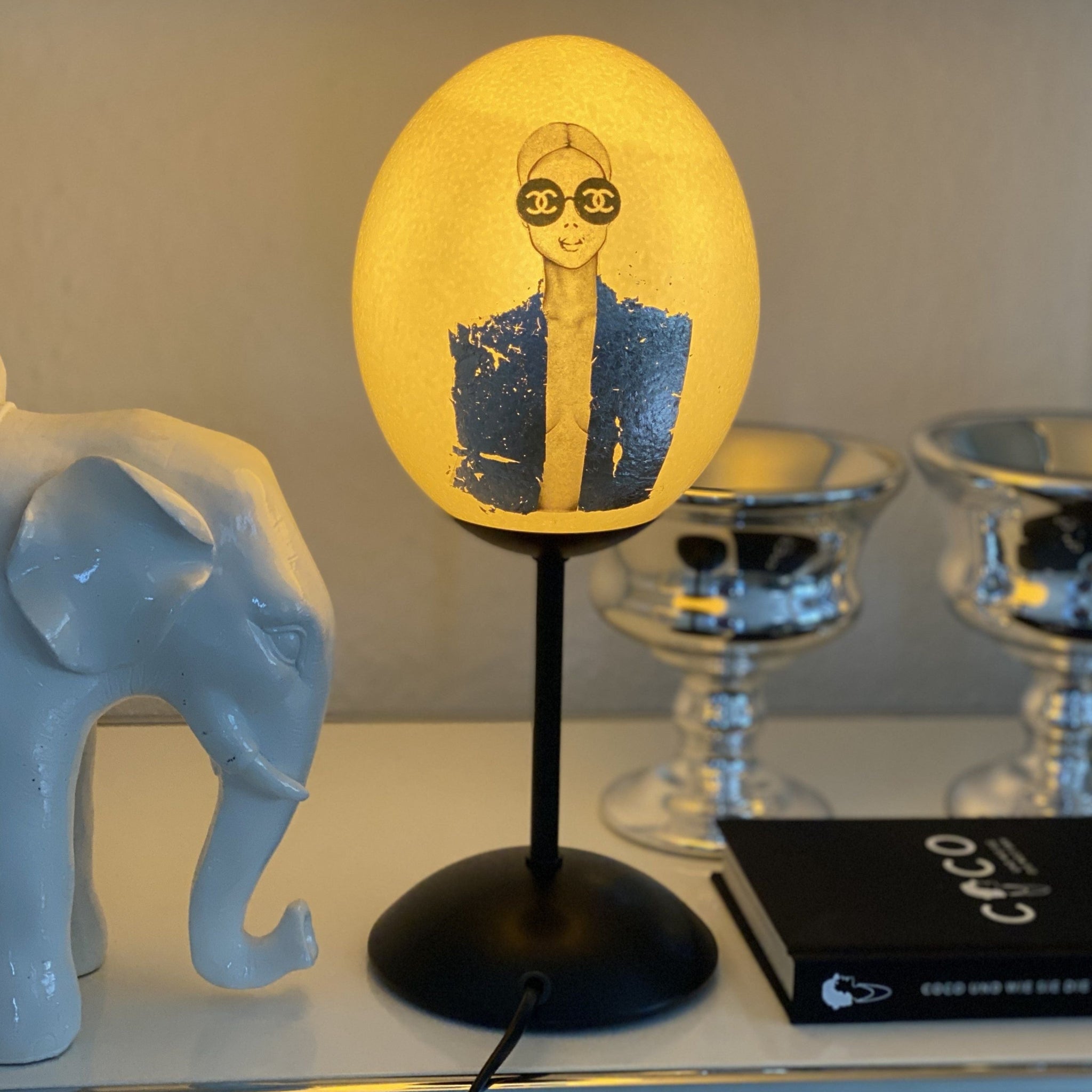 Ostrich egg lamp, Coco loves silver